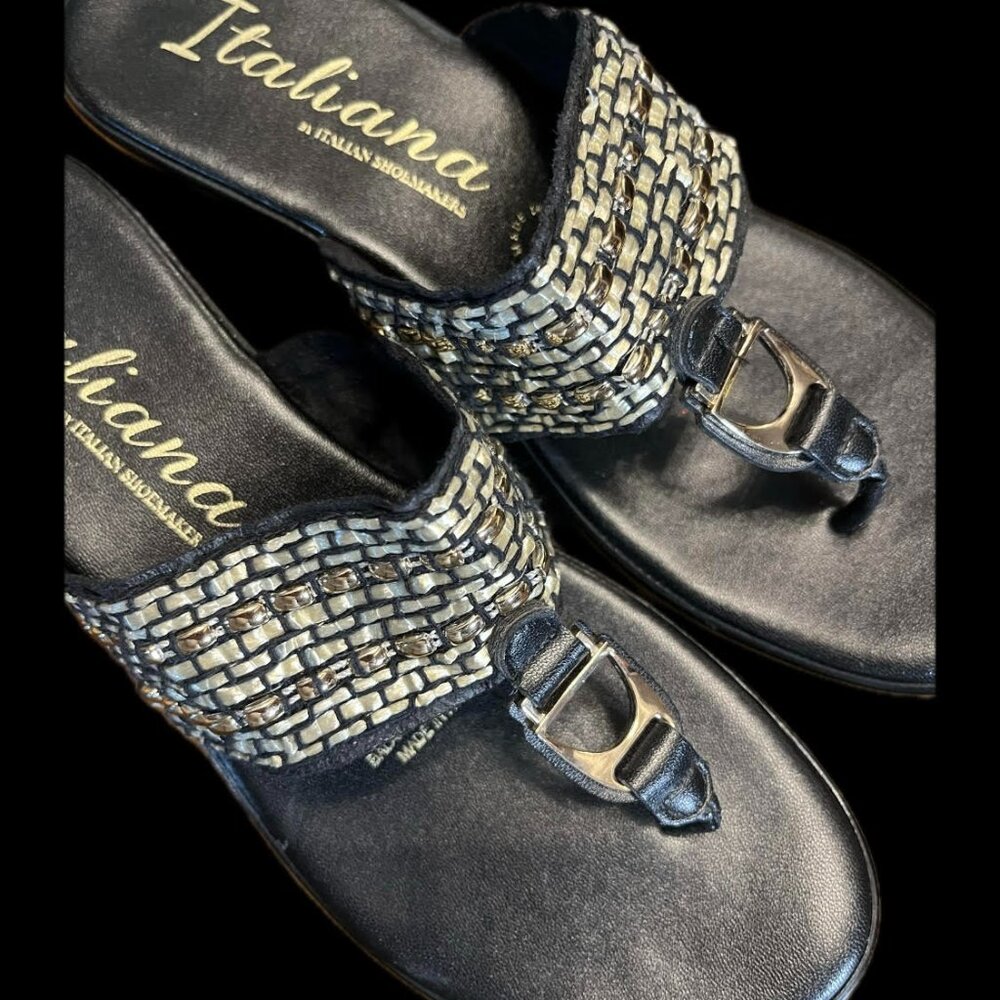 New! Women's Italiana Lovelace Balck Two" Wedge Heel With Gold Beading Size 7